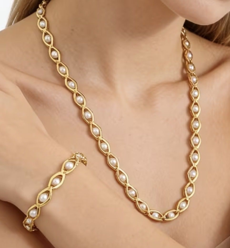Ketten: Jolie parure plaquée et perles largeur 0,5 / collier 48 cm  – Neu (gemäss Beschreibung) aus Kloten von Vermicelles