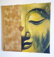 Tableau peinture visage de Bouddha doré 65x65cm