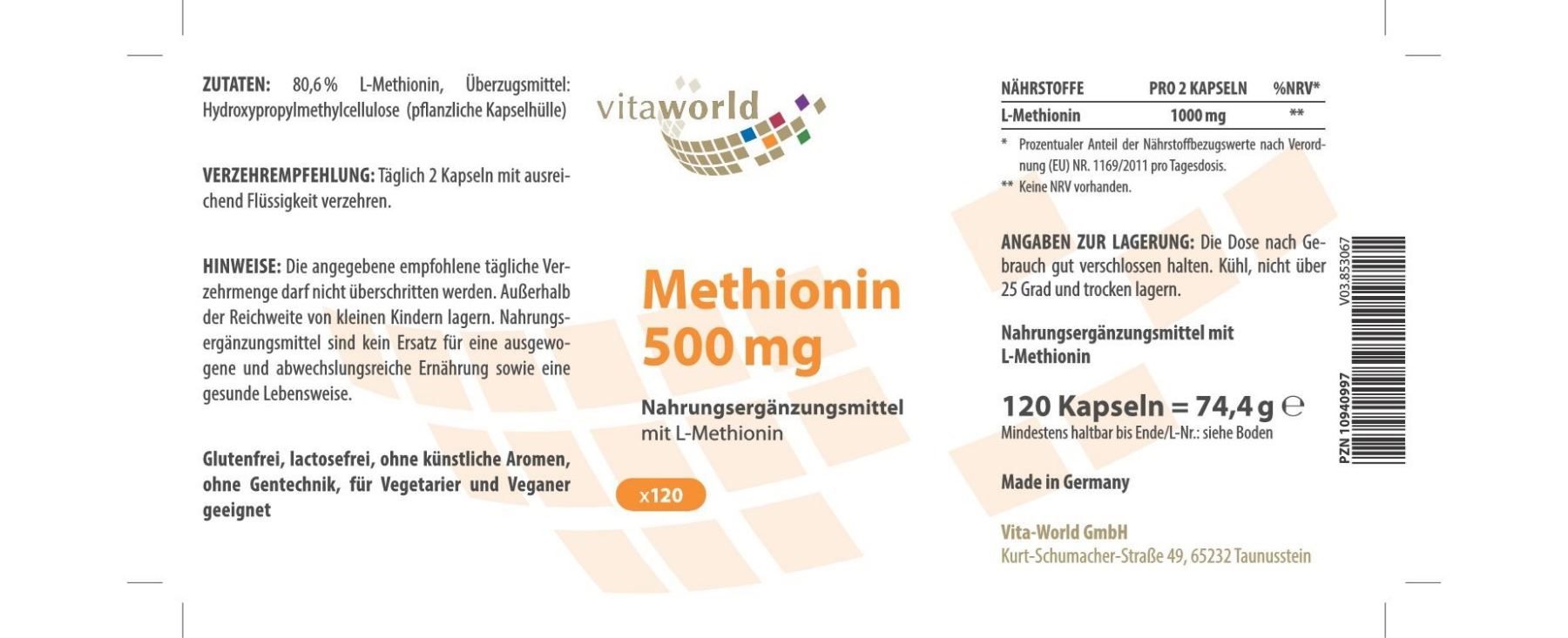 Nahrung, Vitamine & Mineralien: Methionin 500mg 120 Vegi Kapseln – Neu und originalverpackt aus Tiefenbach von nhp-bedarf 1