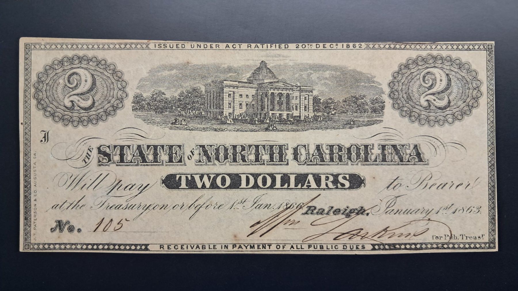 Banconote: USA-North Carolina 2 Dollars 1863 Unc – Usato da Lufingen venduto da E-Auktion