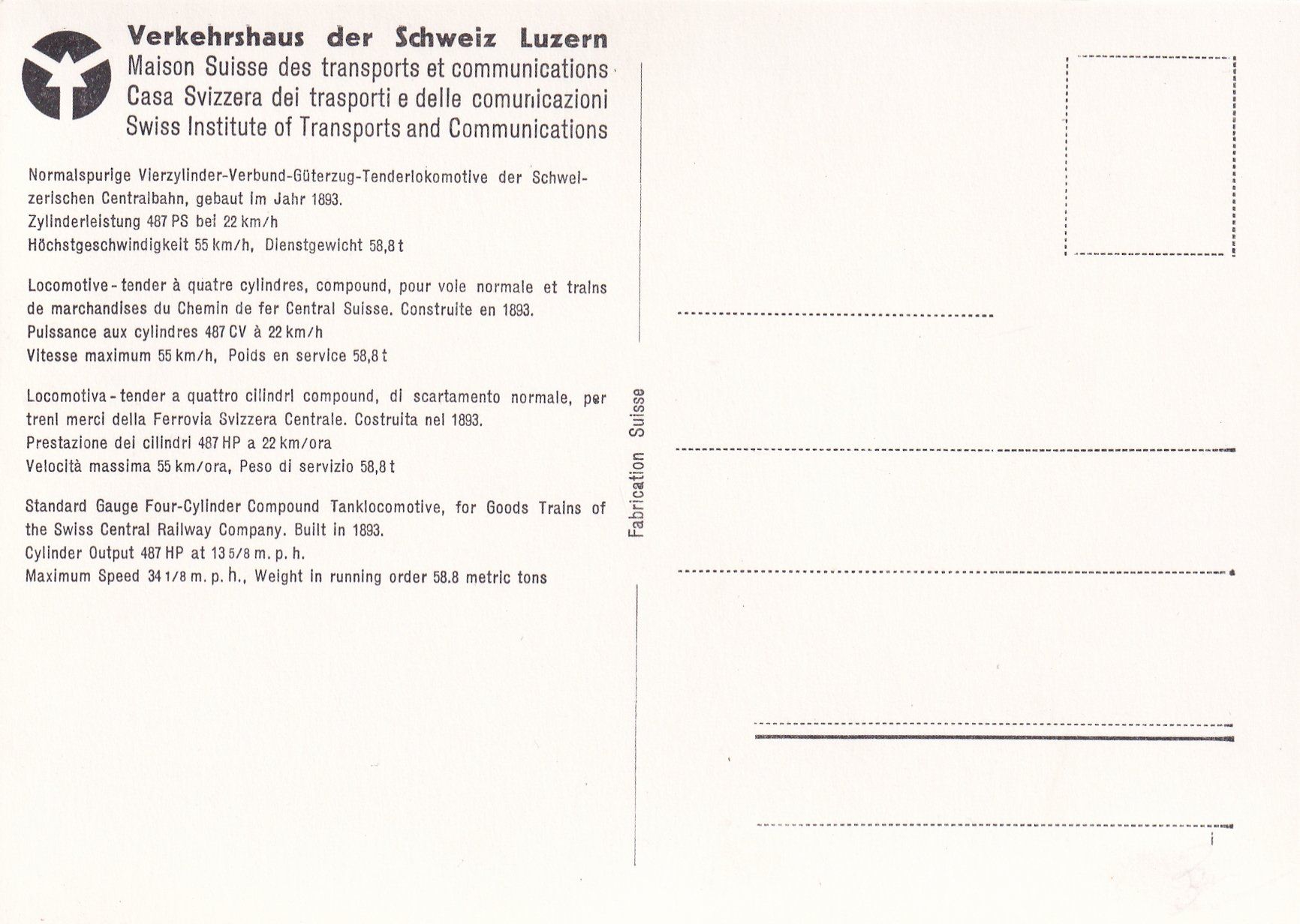 Cartoline postali: Dampflokomoitive der Schweizerischen Centralbahnen /az – Usato da Hombrechtikon venduto da Rudolf07 1