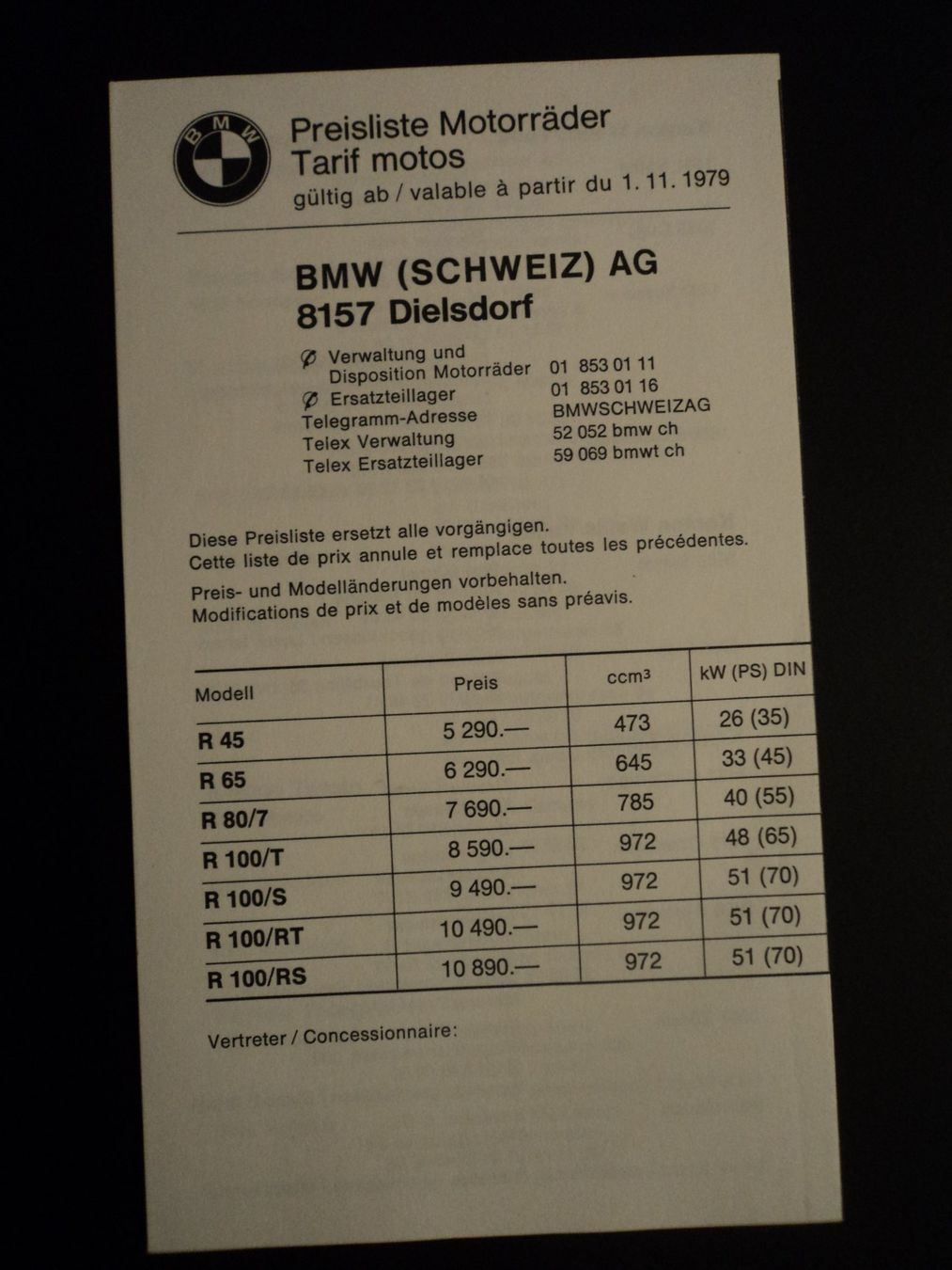 BMW Documenti: Prospekt Preisliste BMW Motorräder 1979 – Usato da Schwarzenburg venduto da modelCARama