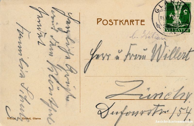 Cartoline postali: Glarus - mit Glärnisch + 1910 – Usato da Emmenbrücke venduto da teestube 1