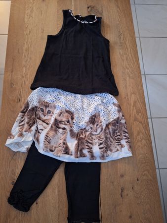 Sommer Set, Shirt, Rock & Leggings mit 🐈‍⬛, Grösse 110/116