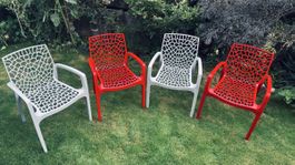4 Grosfillex TULIPE Gartenstühle – Rot/Grauweiss