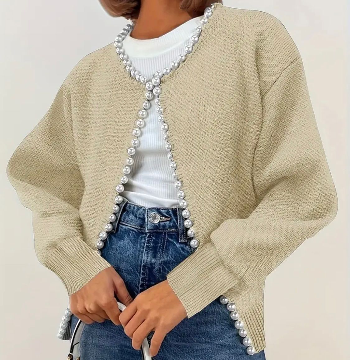 Jacken: stilvolle und edle Strickjacke mit Perlen, beige,L – Neu und originalverpackt aus Winkel von ferrari2022