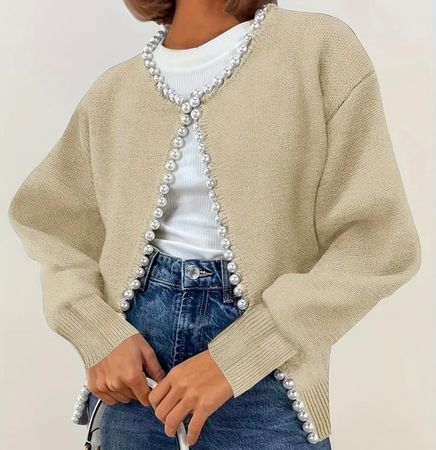 stilvolle und edle Strickjacke mit Perlen, beige,L