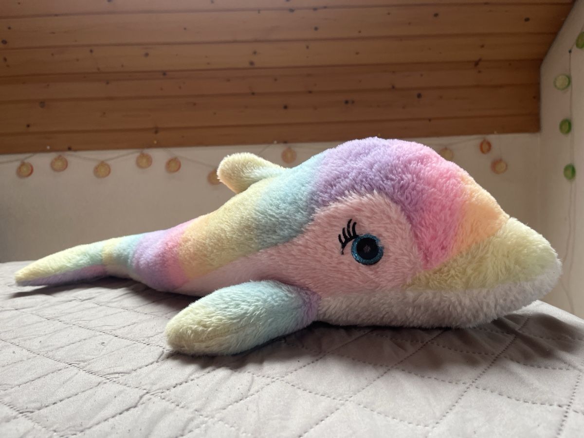 Spielzeuge: Neuwertiges Regenbogen Delfin Stofftier, ca. 65cm lang – Gebraucht aus Kaisten von saleforfun