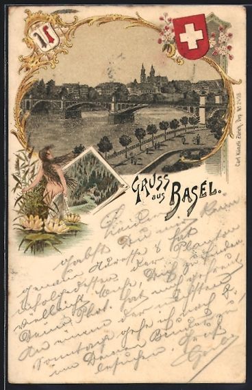 Cartoline postali: Litho Basel, Wassernixe zwischen Seerose – Usato da Berlin venduto da bartko-reher