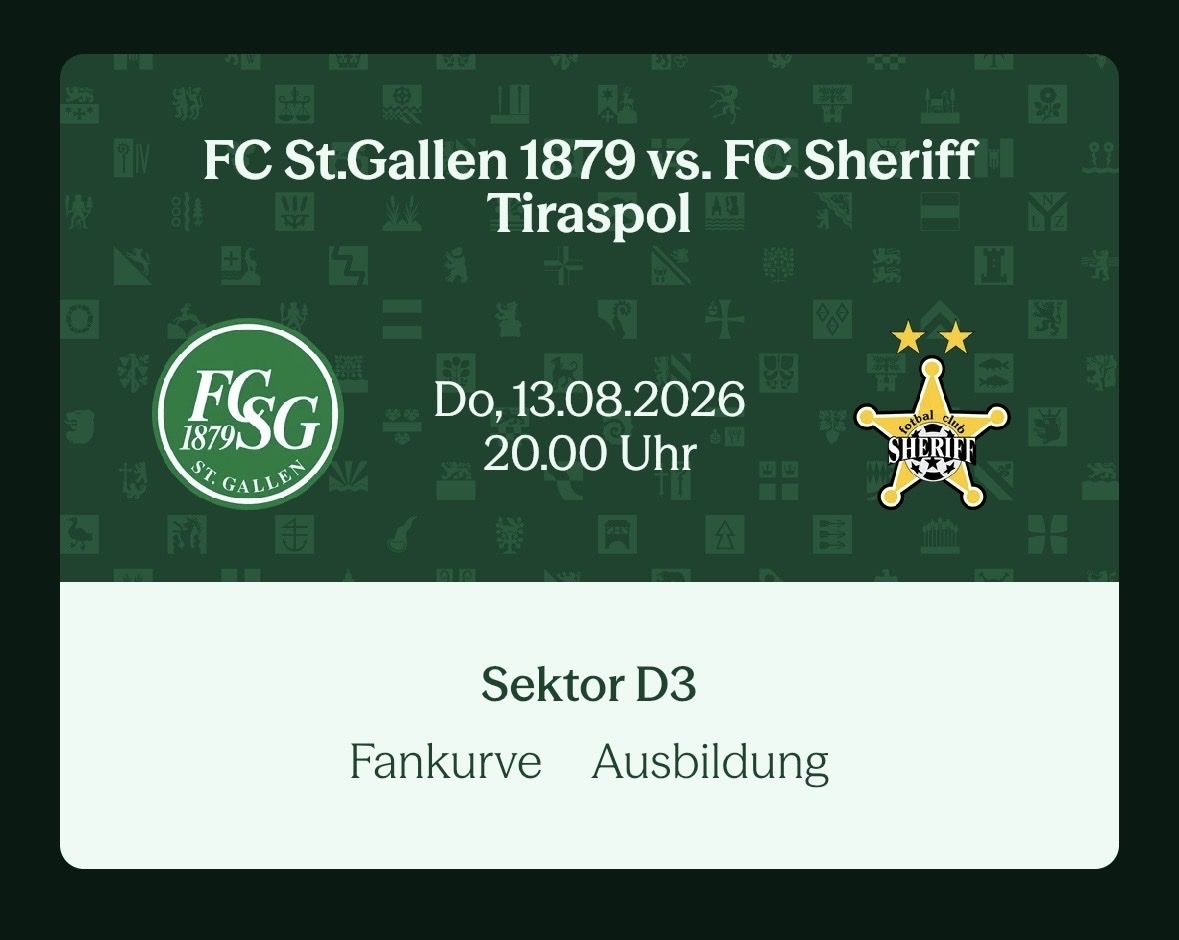 Biglietti: FCSG - Sheriff Tiraspol Ticket Sektor D3 – Nuovo (secondo la descrizione) da Arnegg venduto da PascalHelfenberger