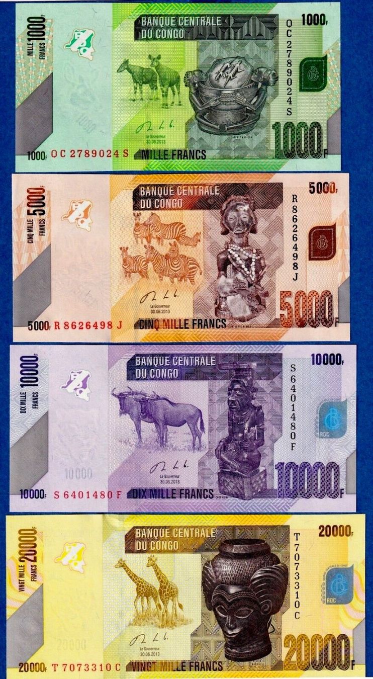 Banconote: Set Congo 1000.5000.10000.20000 Francs UNC – Nuovo e nell'imballaggio originale da Auw venduto da VIMM-78