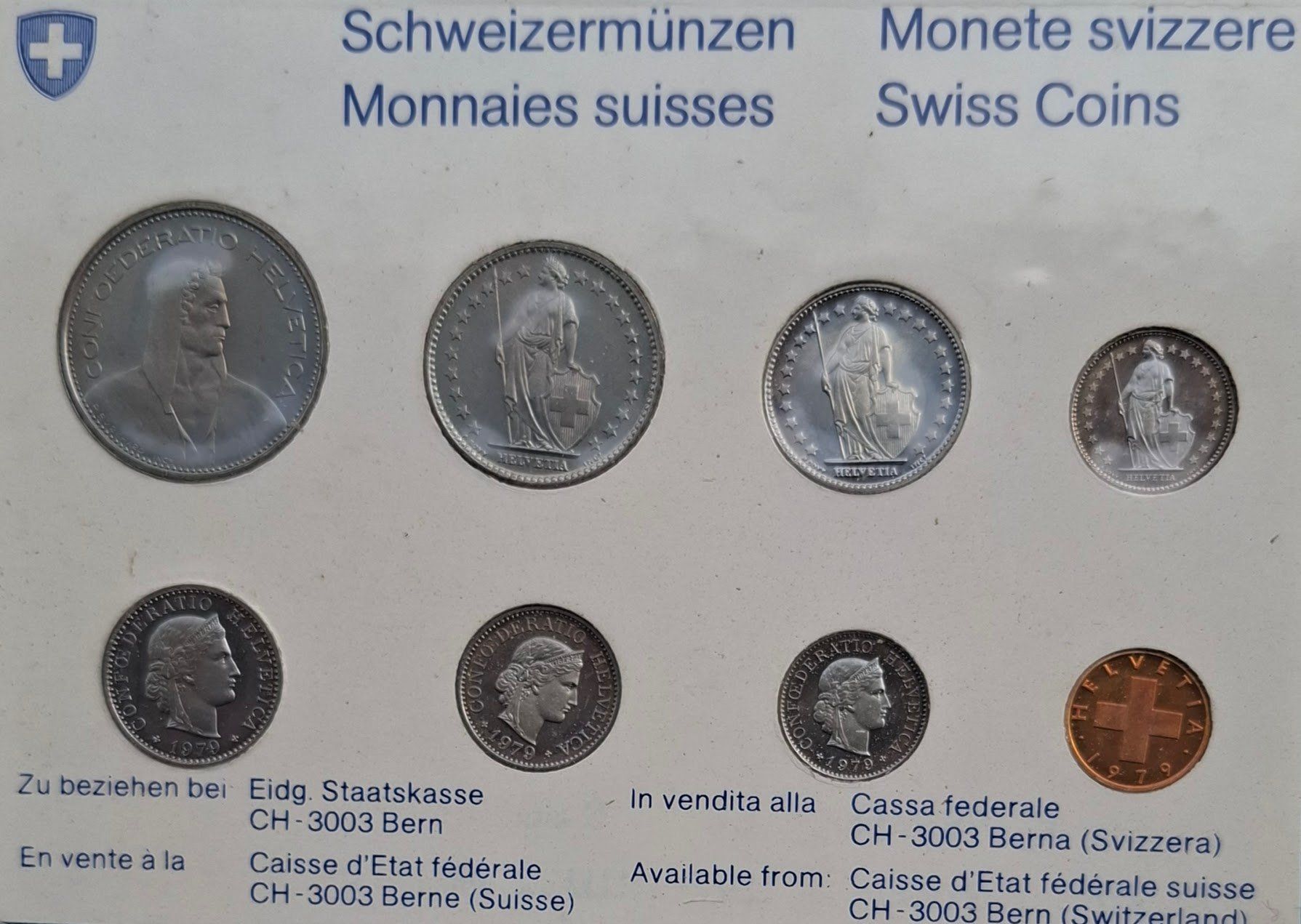 Tutti le monete: SET de monnaie suisse de 1979 - non circulé FDC – Nuovo e nell'imballaggio originale da Fribourg venduto da Kiki020 1