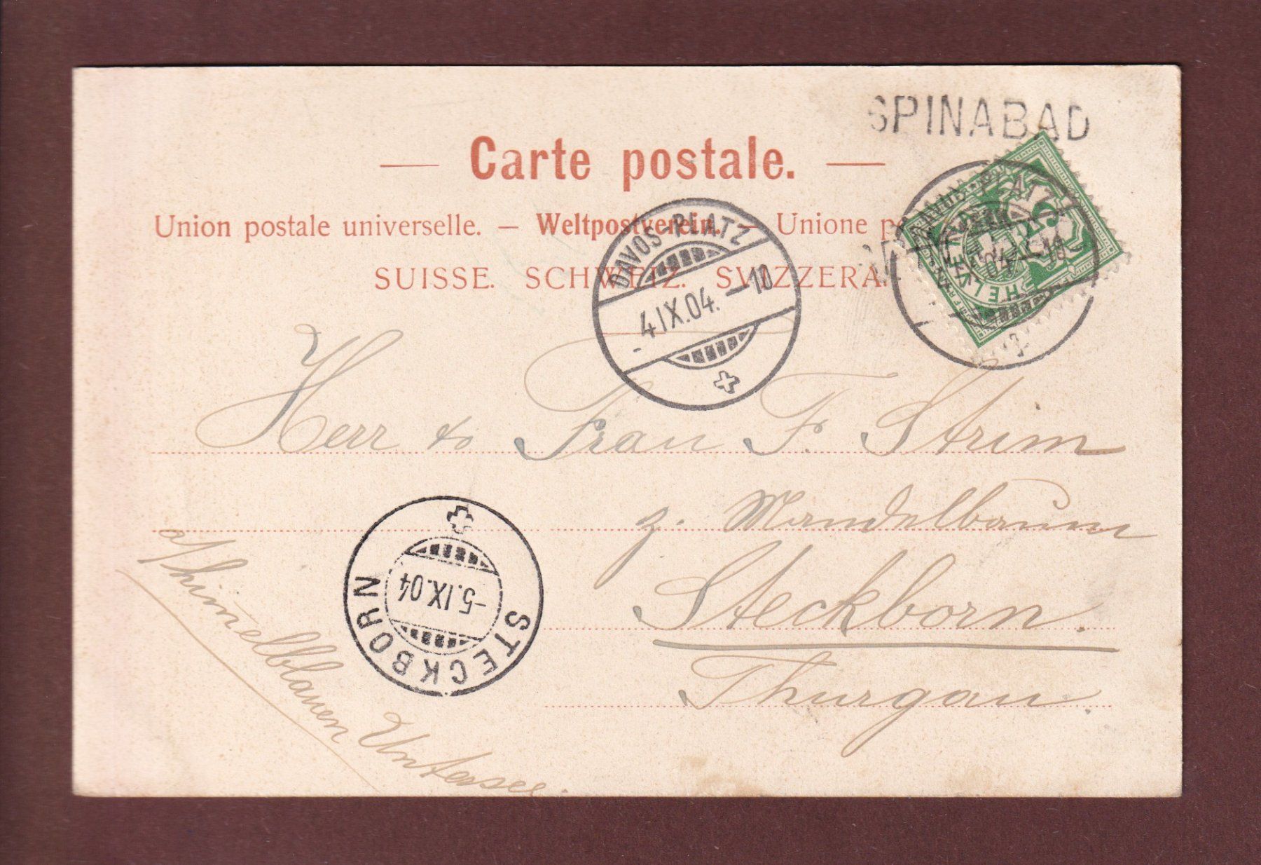 Cartoline postali: DAVOS - Glaris - Spinabad - 1904 Langstempel – Usato da Pully venduto da nicecards 1