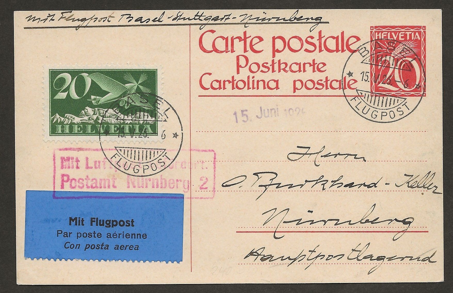 Tutti i francobolli: Flugpost Schweiz 1926 Basel Nürnberg Luftpost Erstflug – Usato da Au ZH venduto da xelagreb01