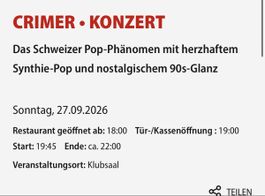 Crimer, 27.9. Kaufleuten Zürich, 1 Stehplatz