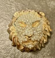 Broche Lion en argent vermeil plaqué Or Strass Vintage Lion