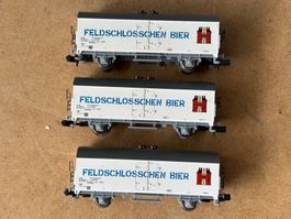 3x Minitrix Guterwagen Feldschlosschen SBB