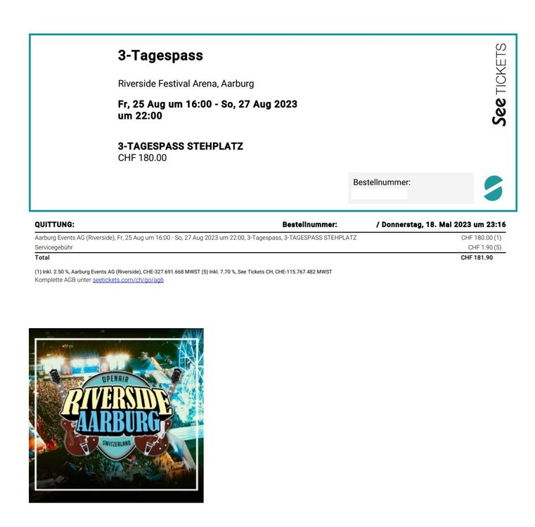 Riverside Aarburg Ticket 1x 3TAGESPASS STEHPLATZ Kaufen auf Ricardo
