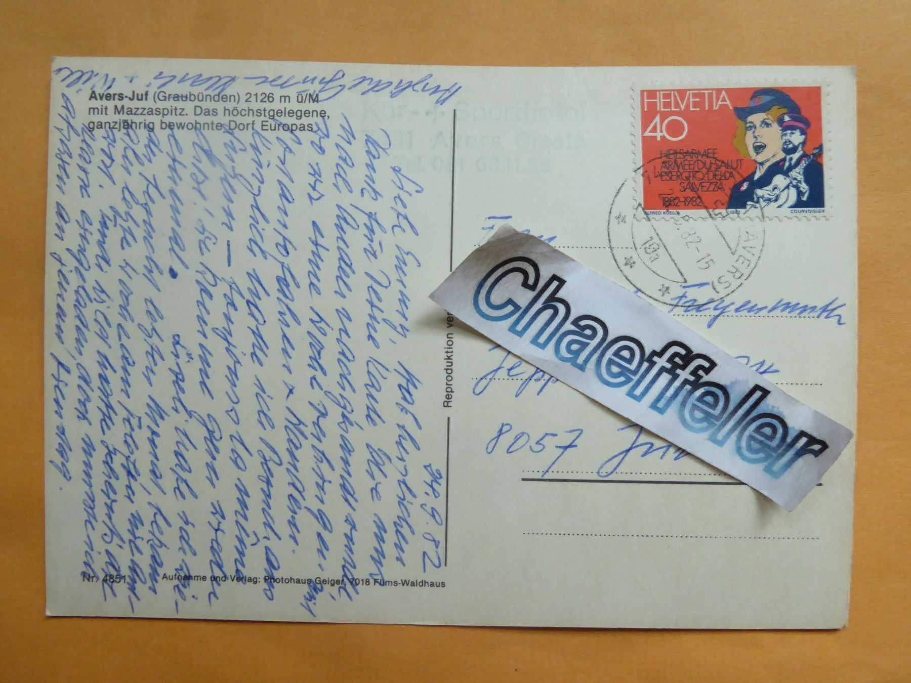 Cartoline postali: 1982  Avers-Juf mit Mazzaspitz – Usato da Zürich venduto da Chaeffeler 1