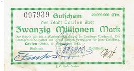 Laufen 20 Mil.Mark Stempel + 3 U-Schriften 17.09.1923 VZ++