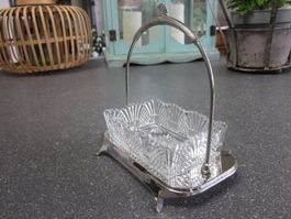 Kleine Art Deco Anbietschale Metall, Glaseinsatz, vernickelt