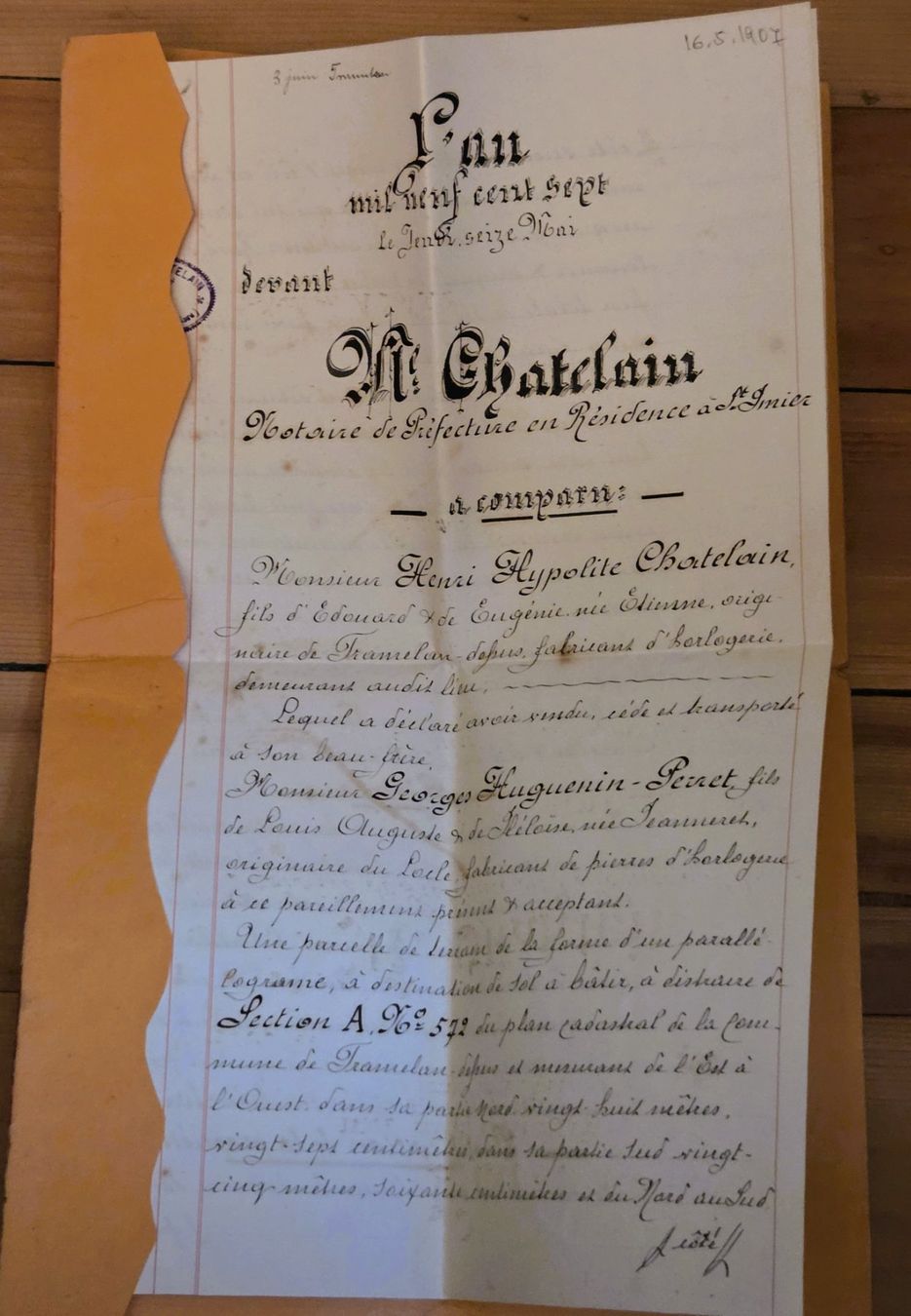 Documenti: Etude Notaire Saint-Imier Document 1907 Vente de sol – Usato da Tavannes venduto da Cire 1