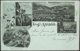 LITHO Gruss aus GOLDAU Bahnhof mit Bahn, Mythen, Kräbelwand