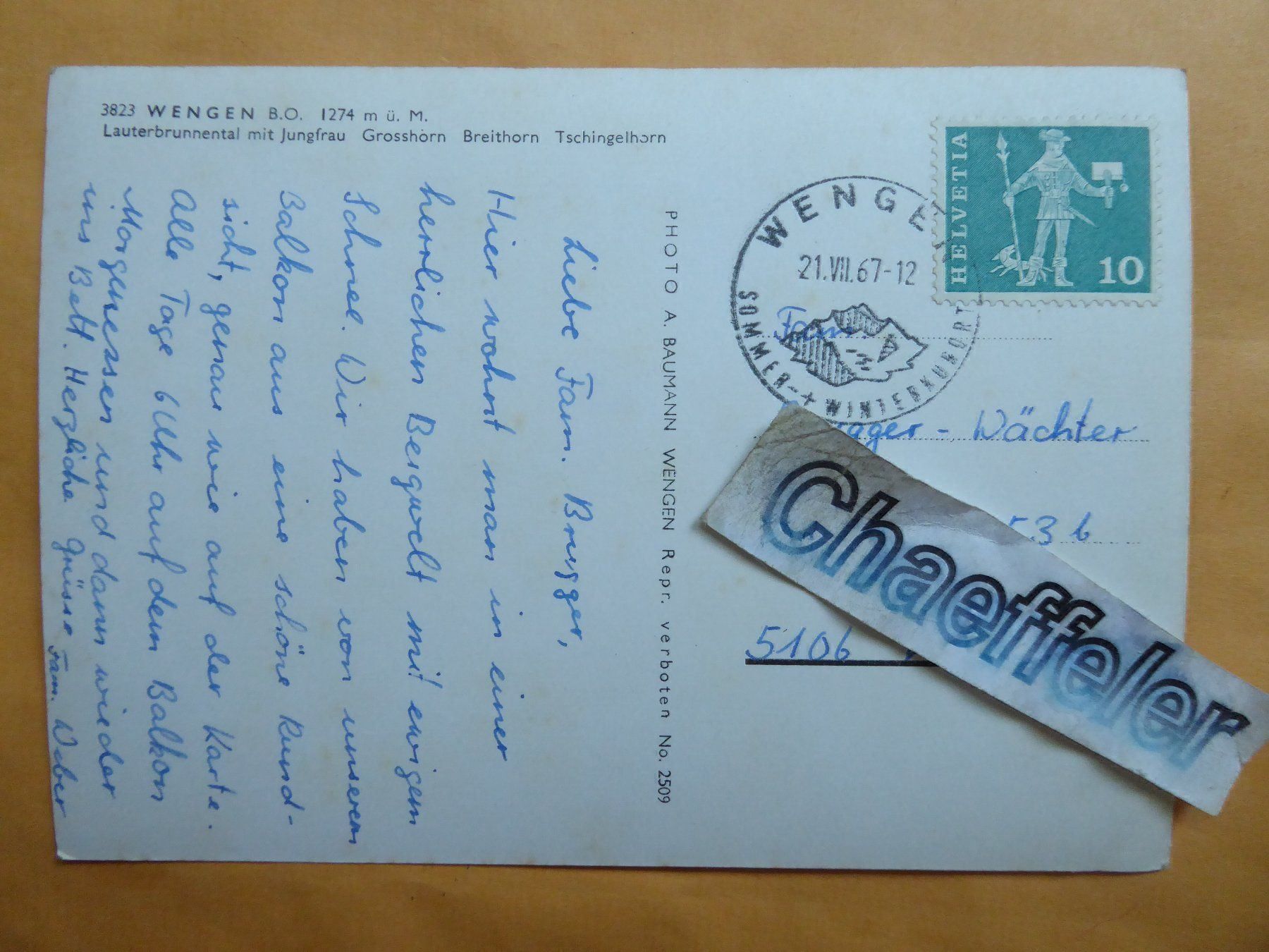 Cartoline postali: 1967 3823 Wengen B.O. – Usato da Zürich venduto da Chaeffeler 1