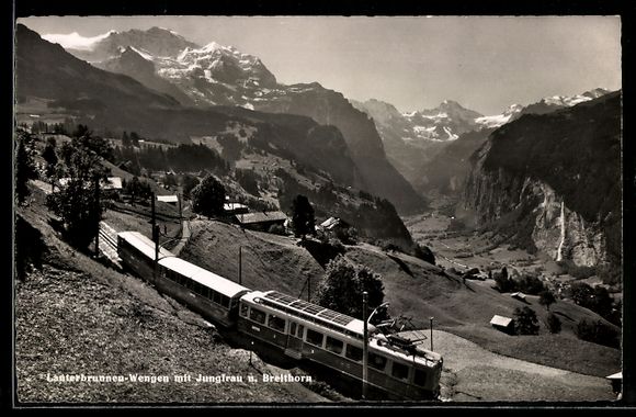 Cartes postales: Lauterbrunnen-Wengen, Panorama mit Bahn, – D'occasion à Berlin par bartko-reher