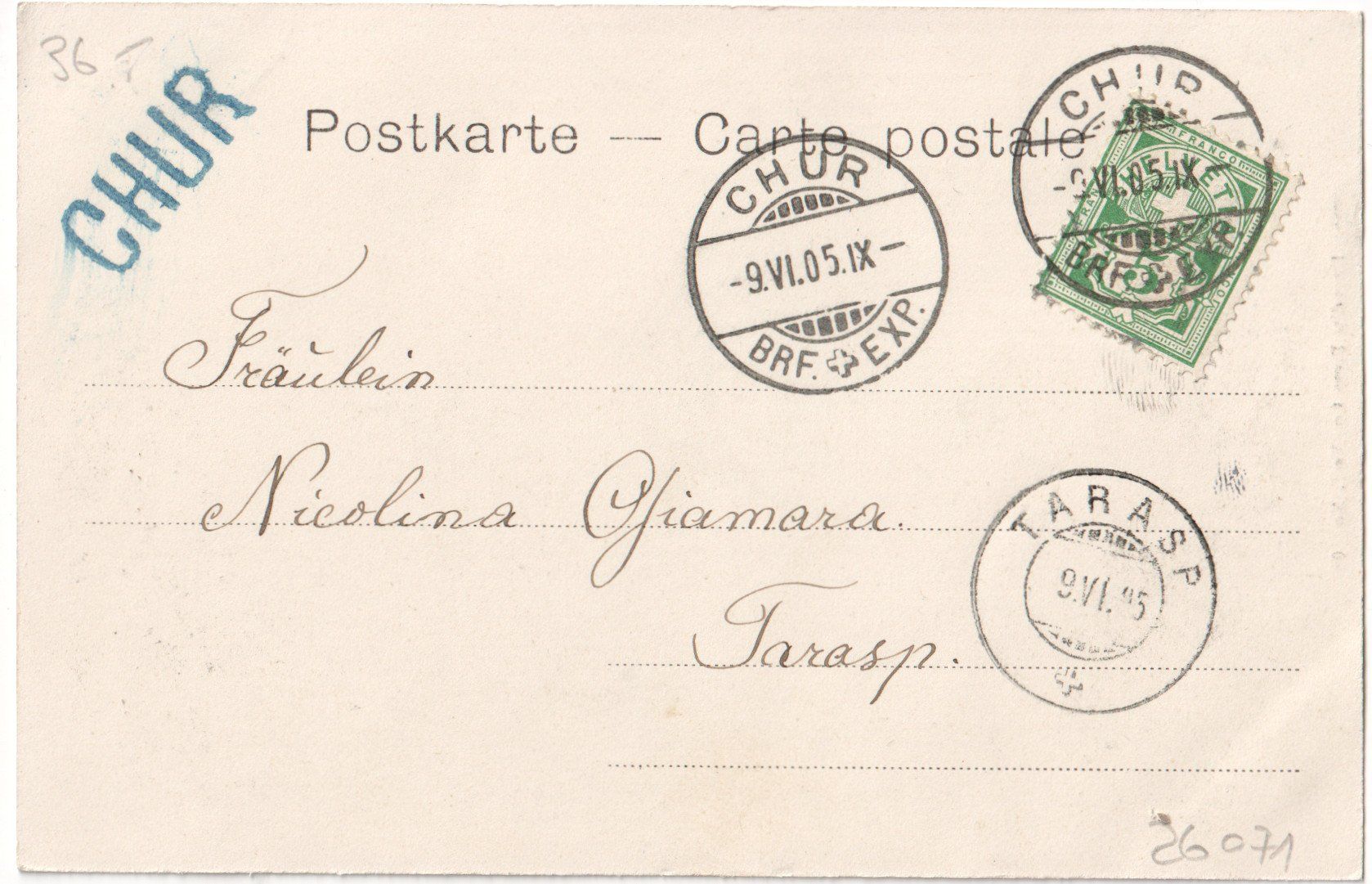 Cartoline postali: PREDA: Bahnlinie durch Dorf, spe. Stabstempel CHUR 1905 – Usato da Engelburg venduto da Swisscards 2