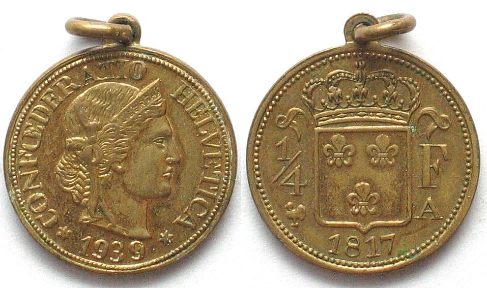 Tutti le monete: PRIVATE PROBE 1/4 F 1817/1939 Messing – Usato da Riehen venduto da sesambestcoins2004