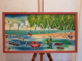 Originales Naive Kunst Gemälde - Karibische Küstenszene