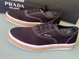 PRADA Logo Espadrilles Schwarz Weiss Canvas Sneakers 41 NEU