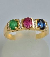 Feiner Goldring mit Rubin, Safir, Smaragd Grösse 53