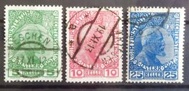 LIECHTENSTEIN: 5+10 h 1912, 25 h 1915, oblitérés O