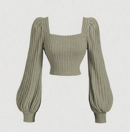 Damen Pullover gerippt oliv mit Puffärmeln neuwertig