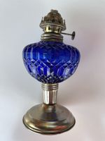 Öllampe Glas blau Metall antik, 18 cm Höhe