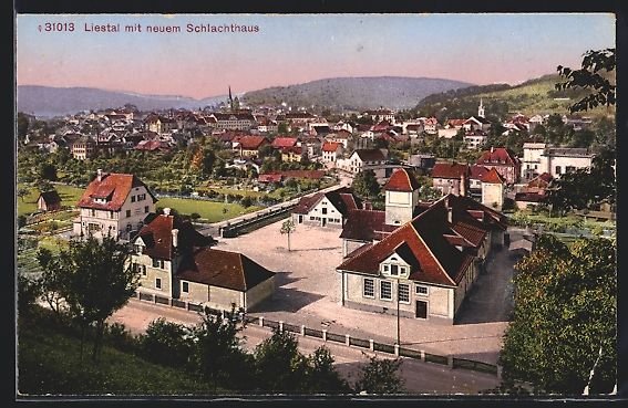 Cartoline postali: Liestal, Ortsansicht mit neuem Schlachth – Usato da Berlin venduto da bartko-reher