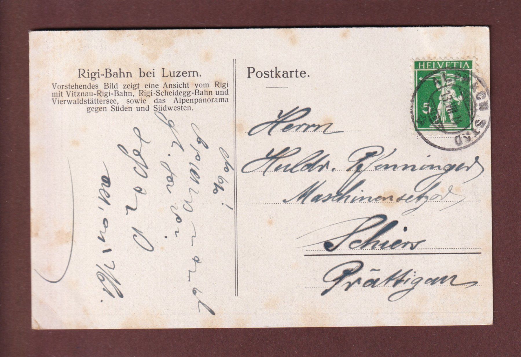 Cartoline postali: VITZNAU-RIGI-BAHN - Panorama - 1914 // Eckbug // – Usato da Pully venduto da nicecards 1