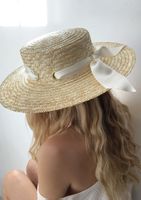 Chapeau de paille canotier ruban écru, créatrice, neuf
