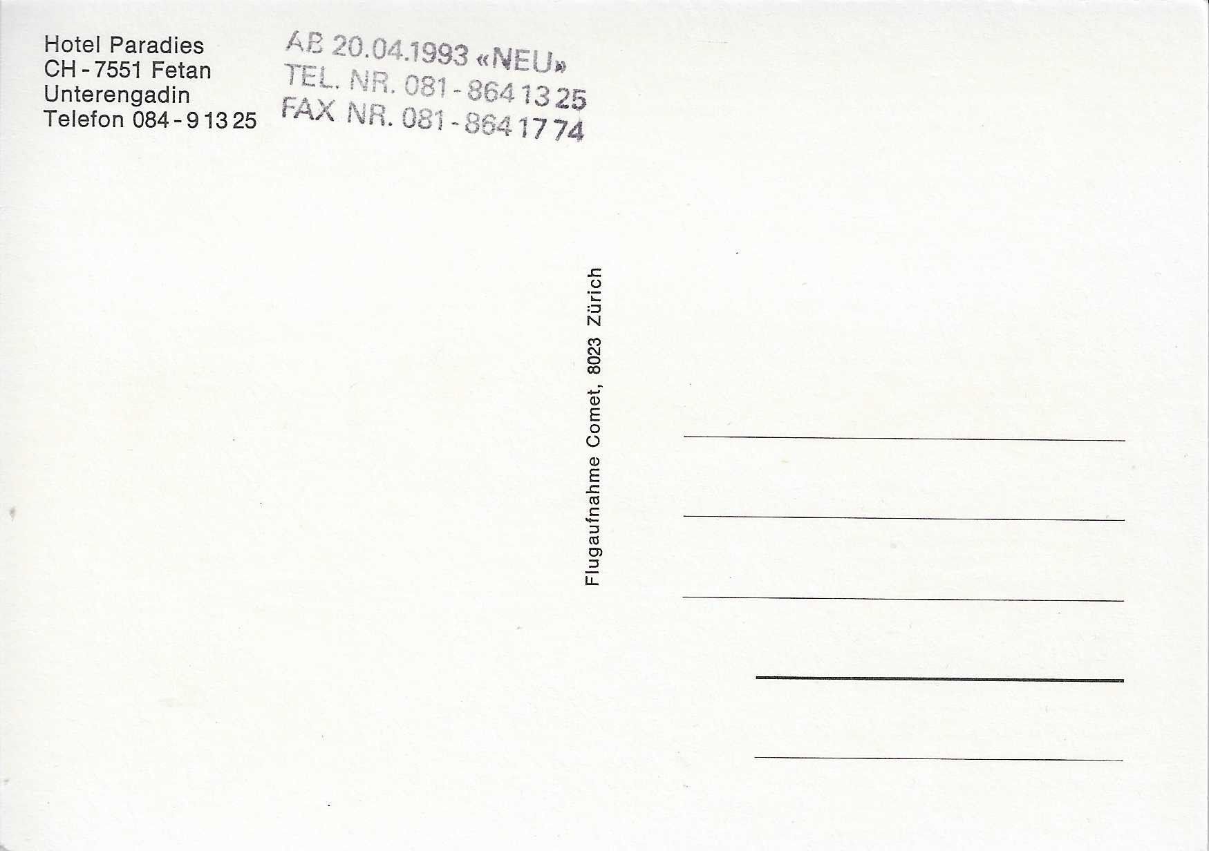 Cartoline postali: Hotel Paradies Fetan GR – Nuovo (secondo la descrizione) da Rothrist venduto da Stranglehold 1