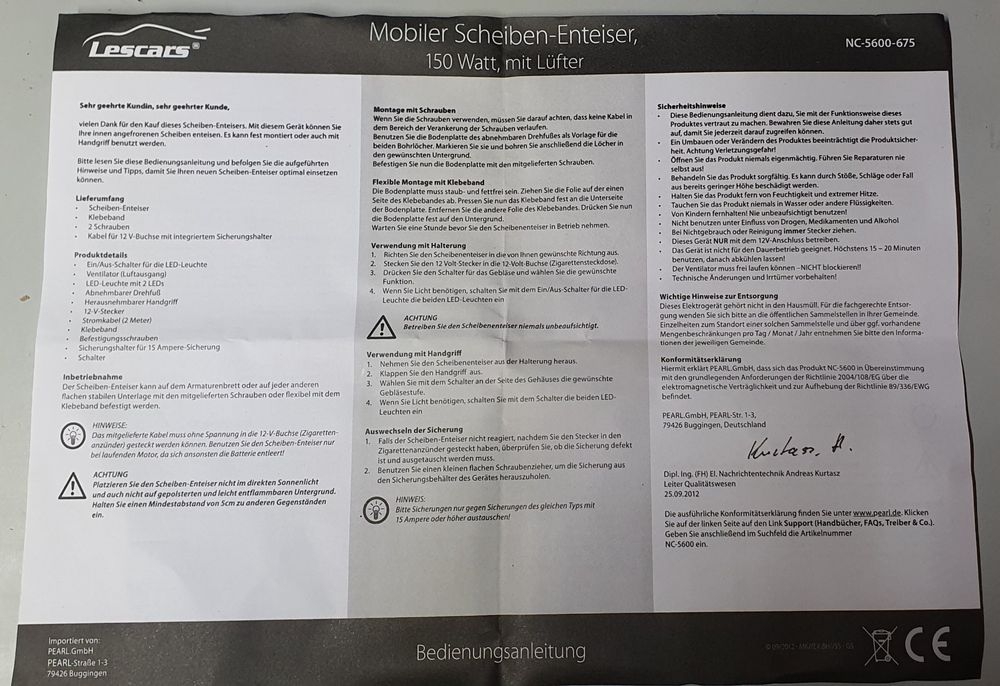 LESCARS Mobiler Auto Scheiben-Enteiser f. Zigarettenanzünder