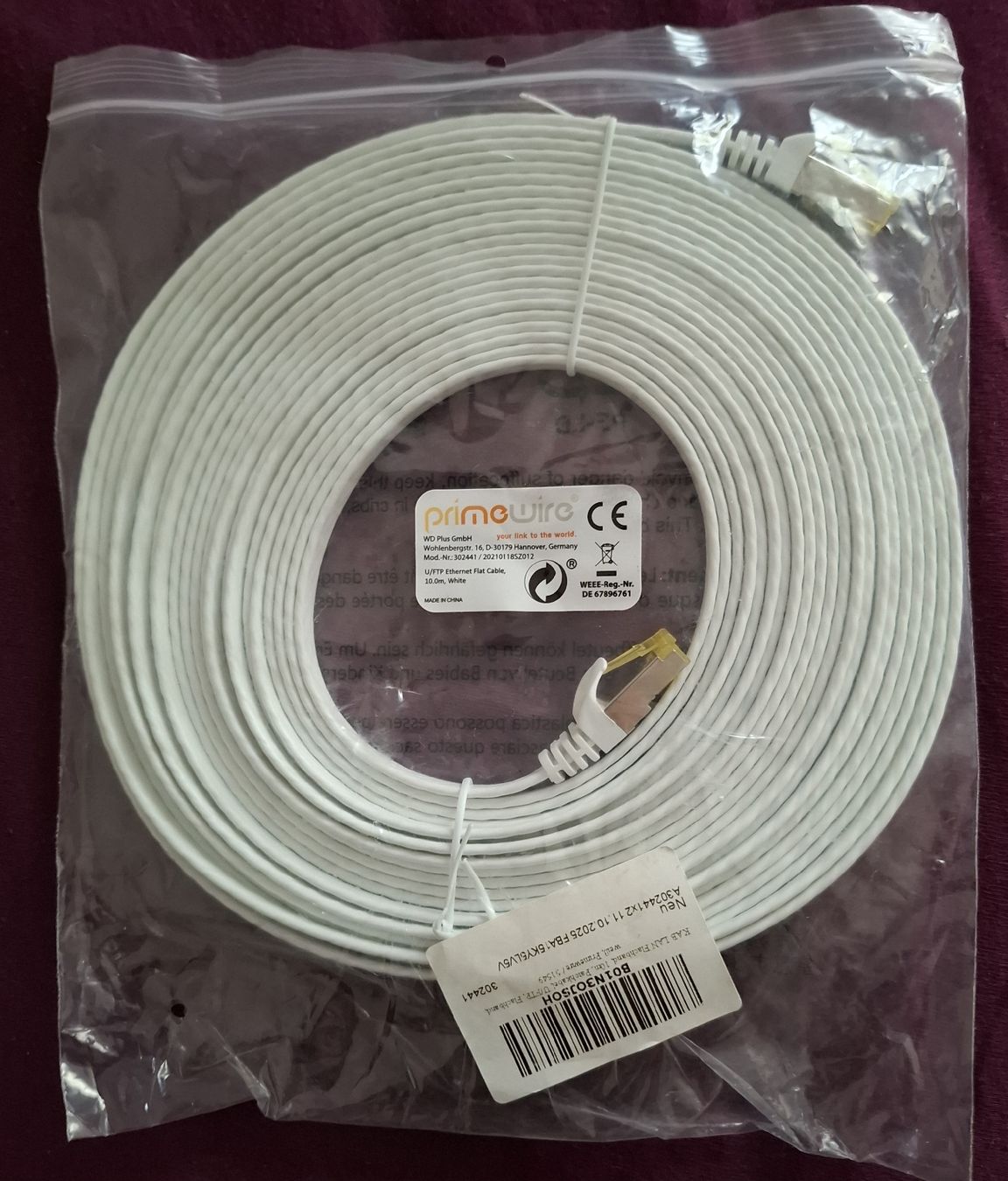 Cavi: 10 m Ethernetkabel flach neu – Nuovo e nell'imballaggio originale da Basel venduto da mgn_ft72