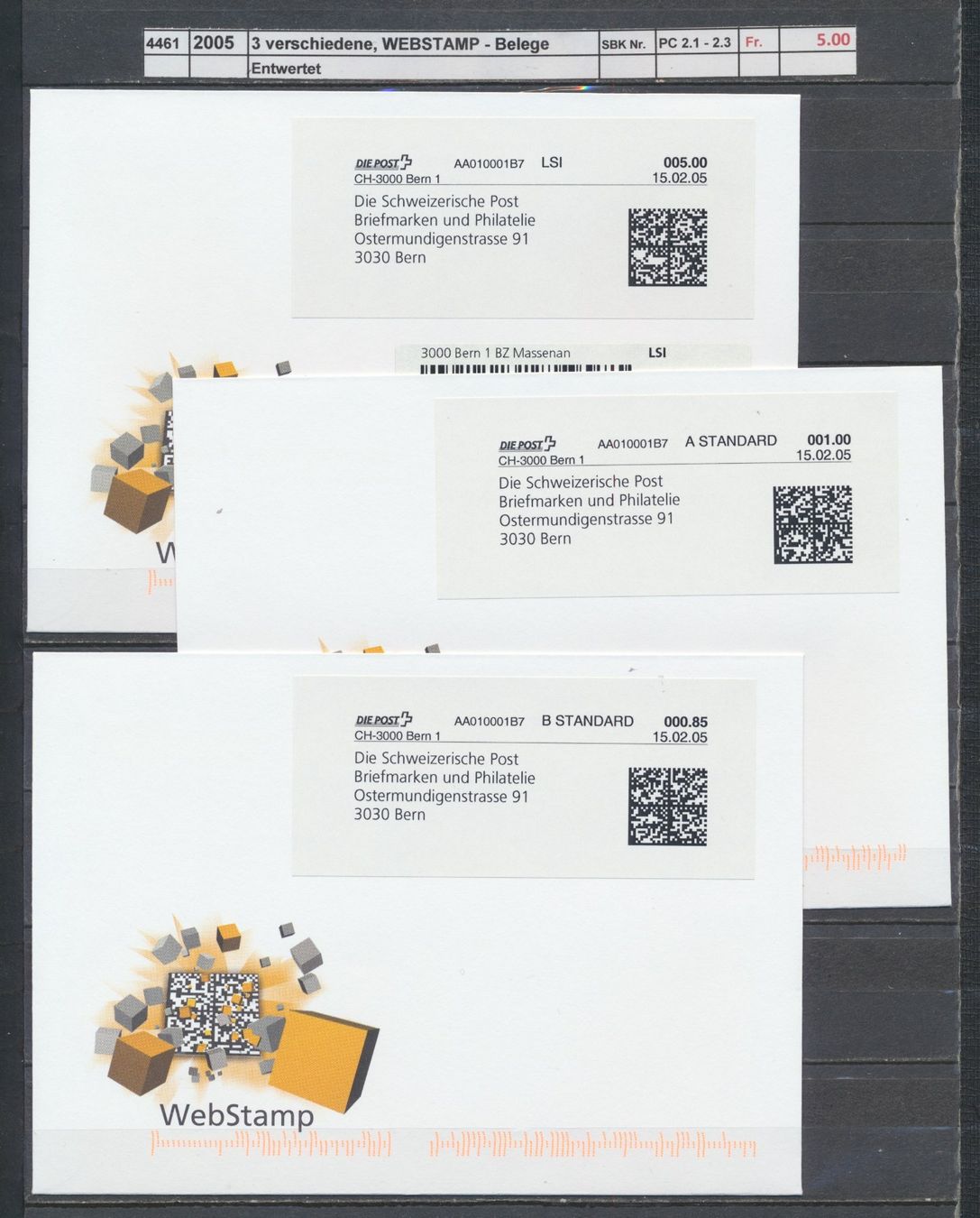 Tutti i francobolli: 2005 "3 verschiedene WEBSTAMP - Belege" – Usato da Winterthur venduto da Zupogeru