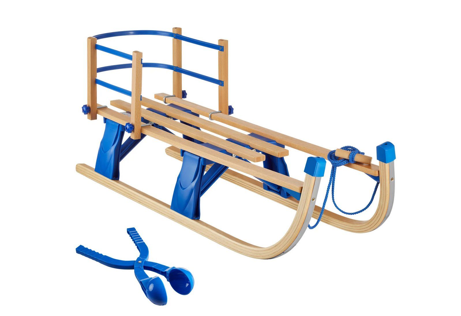 Holzschlitten Mit Rückenlehne & Winterfußsack – Buchenholz, Metallkufen, Inkl. Schneebob (Dunkelblau)