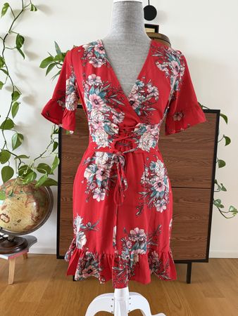 Red floral wrap dress with lace-up waist - size XS