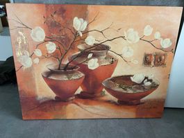 Stielleben Bild, weisse Blüten,orange/mandarin Töne,