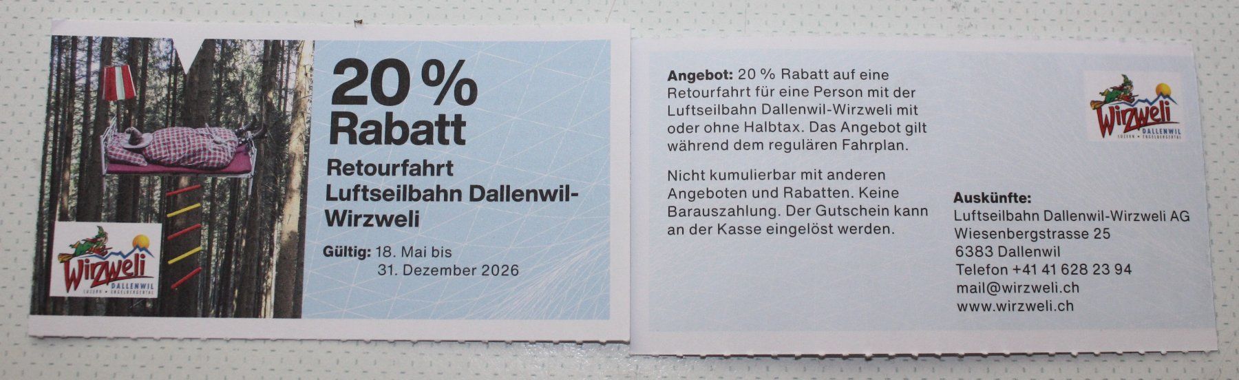 Buoni: Luftseilbahn Dallenwil-Wirzweli 31.12.26 – Nuovo e nell'imballaggio originale da Wettingen venduto da Licht08