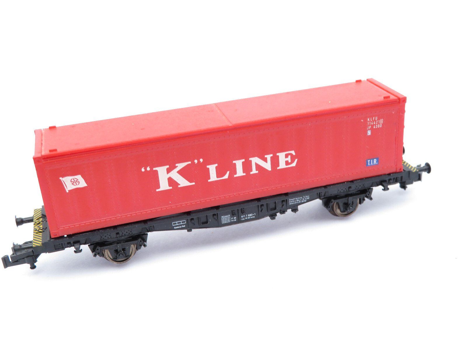 Fleischmann Modellini di ferrovie: Fleischmann Spur N 2achs. Flachwagen Container "K Line" – Usato da Unterengstringen venduto da b.kaiser81