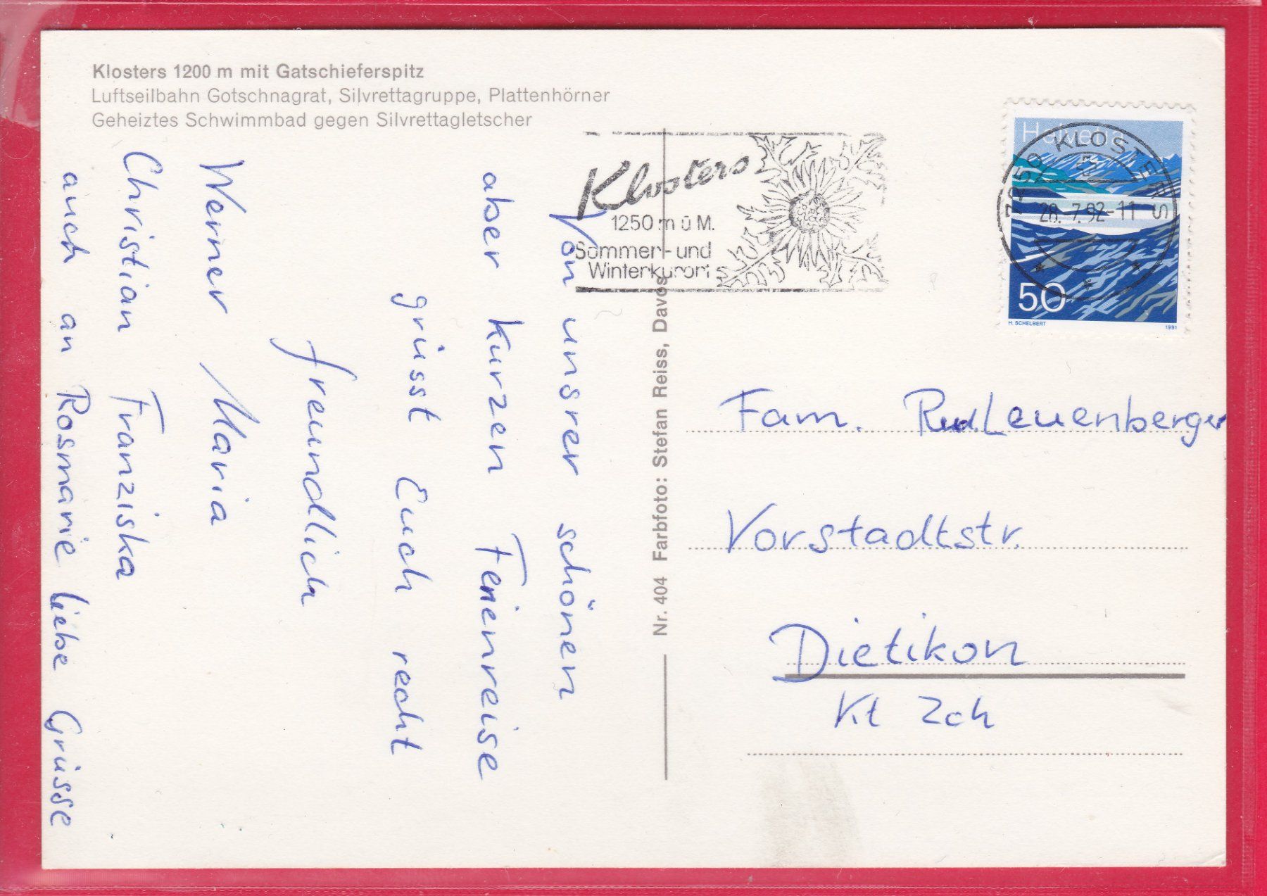 Cartoline postali: KLOSTERS, ( 4-BILD ), 20.7.1992 – Usato da Oberrieden venduto da Gebirgsstelze 1